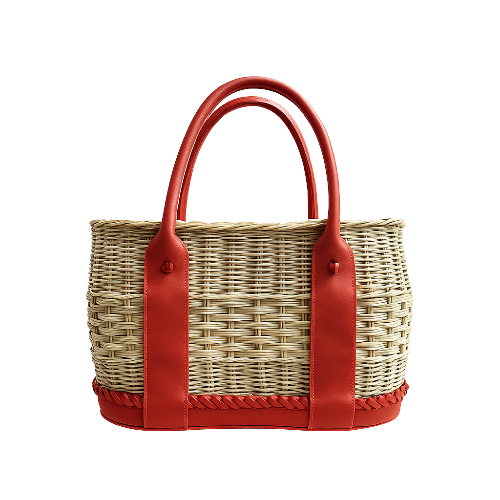 Hand-Basket Tote Red Leather Middle Weave