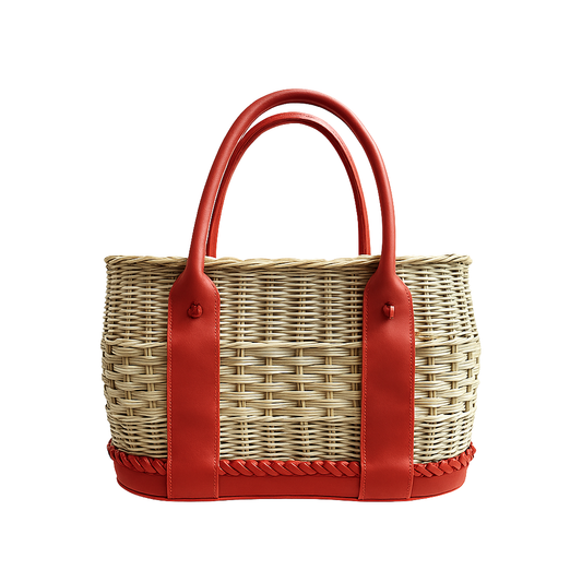 Hand-Basket Tote Red Leather Middle Weave