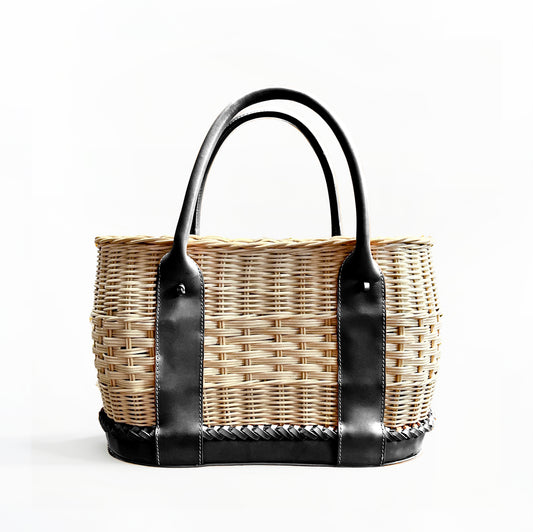 Hand-Basket Tote Black Leather Middle Weave B Grade