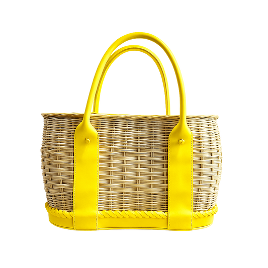 Hand-Basket Tote Yellow Leather Middle Weave